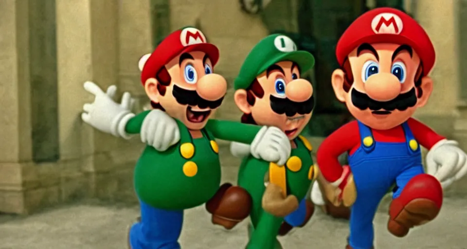 Prompt: a still image of Mario and Luigi in The Godfather, real, cinematic, 40mm f/2.8, 1970s film, movie