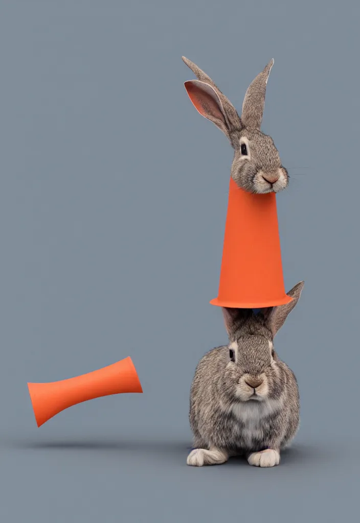 Image similar to wild rabbit, blue whale, delicate pale pink guts, antlers ,wax sculpture of a traffic cone, sharp slate. complementary color scheme. 8k, rendered in octane, smooth gradients