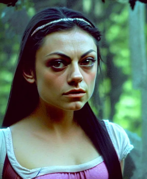 Image similar to acid-processed film still of 18 year old Mila Kunis as Juliet from Romeo and Juliet looking at the camera with tired eyes. soft detailed film still at 16K resolution and amazingly epic visuals. epically luminous image. amazing lighting effect, image looks gorgeously crisp as far as it's visual fidelity goes, absolutely outstanding image. perfect film clarity. ultra image detail. iridescent image lighting. mind-breaking atmosphere. mega-beautiful pencil image shadowing. beautifully serene face. Ultra High Definition image. soft image shading. soft image texture. intensely beautiful image. large format picture. intricately detailed with Norse runes.