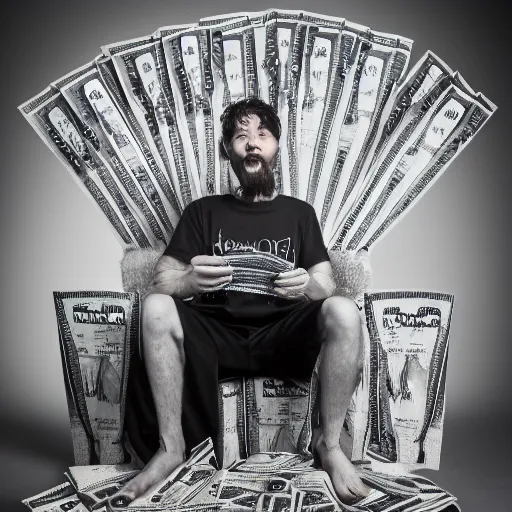 Image similar to a greedy man, sitting on a throne of money, studio photography, 3 5 mm lens, 8 k