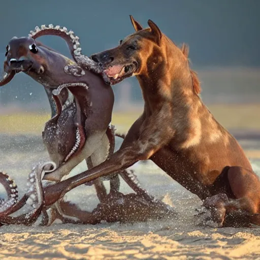 Image similar to National Geographic photo of horse full of octopus being eaten by African hunting dogs