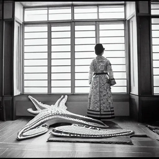 Prompt: woman in traditional hanbok waiting in living room while a giant Kaiju-eiga starfish is behind the window, 35mm film still, monochrome Wes Anderson and Fritz Lang