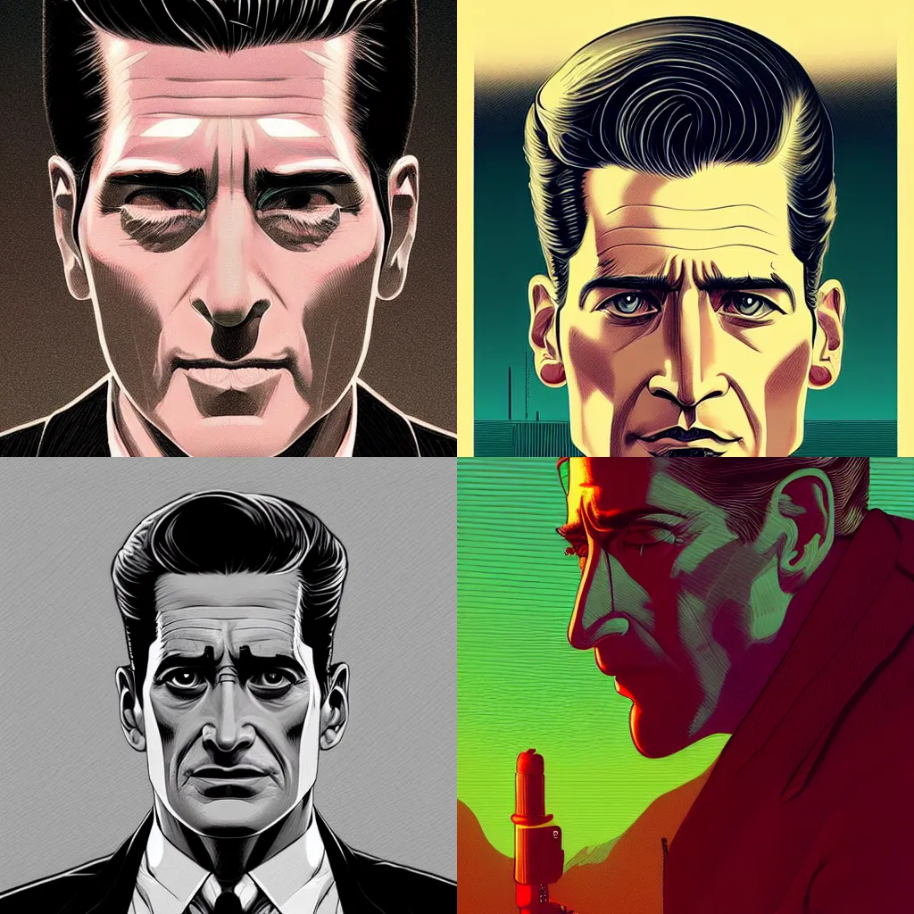 Prompt: Retro Noir Portrait of Dale Cooper intricate, elegant, highly detailed, digital painting, artstation, concept art, smooth, sharp focus by Moebius, Kilian Eng, Deathburger, dan mumford