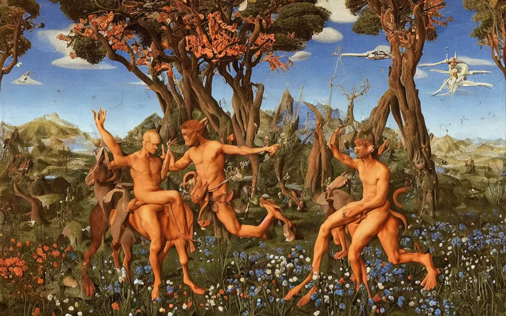 Image similar to a portrait photograph of a meditating satyr and a centaur monk riding a rocket machine and hunting at a river delta. surrounded by bulbous flowers and trees. mountain range under a blue sky of fiery stars. by jan van eyck, max ernst, ernst haeckel, ernst fuchs and artgerm, cgsociety, fashion editorial, 8 k