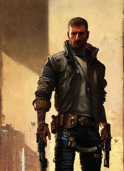 Image similar to arthur morgan. cyberpunk mercenary with tattoos wearing a military vest and combat jumpsuit. (Cyberpunk 2077, bladerunner 2049). Iranian orientalist portrait by john william waterhouse and Edwin Longsden Long and Theodore Ralli and Nasreddine Dinet, oil on canvas. Cinematic, hyper realism, realistic proportions, dramatic lighting, high detail 4k