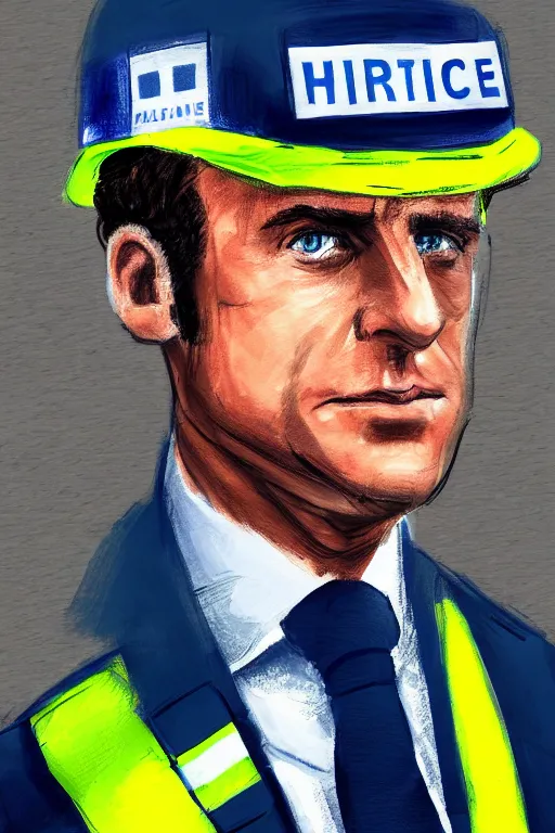 Image similar to emmanuel macron wearing a hivis police uniform, highly detailed, digital art, sharp focus, trending on art station