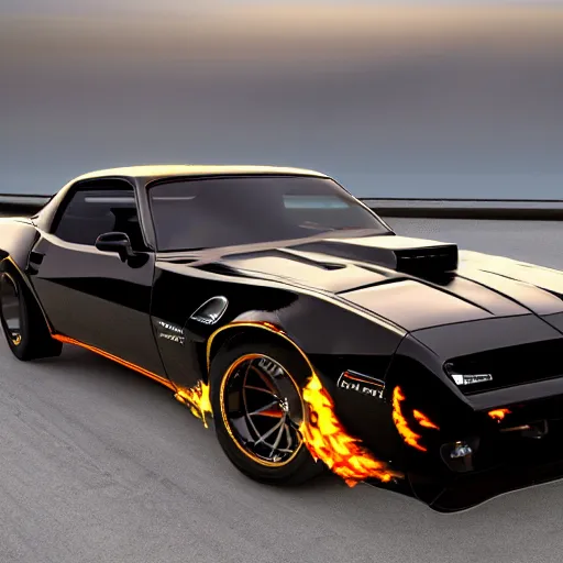 Prompt: black pontiac firebird trans - am with flames graphics on the chassis, sunrise, cinematic, motionblur, sunbeams, volumetric lighting, wide shot, low angle, lightning striking the car