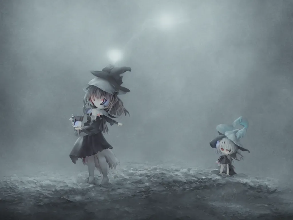 Image similar to cute fumo plush girl witch on a tiny island surrounded by murky river water, river styx, cursed otherworldly chibi gothic horror wraith maiden, lost in the milky void, hazy heavy magical glowing swirling murky volumetric fog and smoke, concrete brutalist ruins, moonglow, lens flare, vray