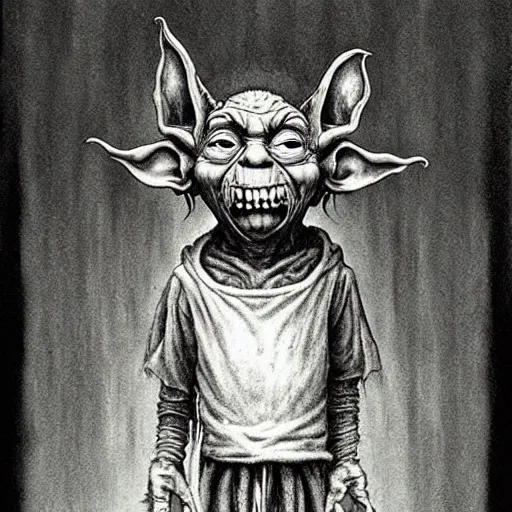 Image similar to horror goblin yoda, black blood dripping, creepy background, by john kenn mortensen and zdizslaw beksinski