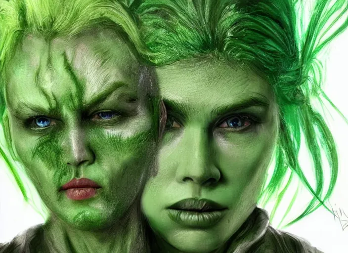 Prompt: beautiful aliens faces with green hair, 8 k, matte painting, in the style of artist, giger