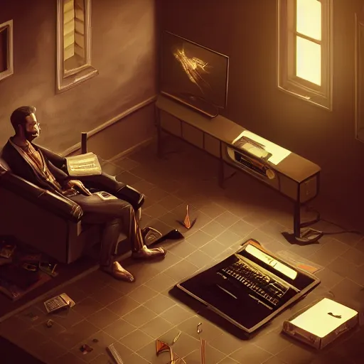 Image similar to realistic rich man using laptop in gaming room, money on floor, artstation trends, sci fi concept art, highly detailed, intricate, sharp focus, digital art, 8 k