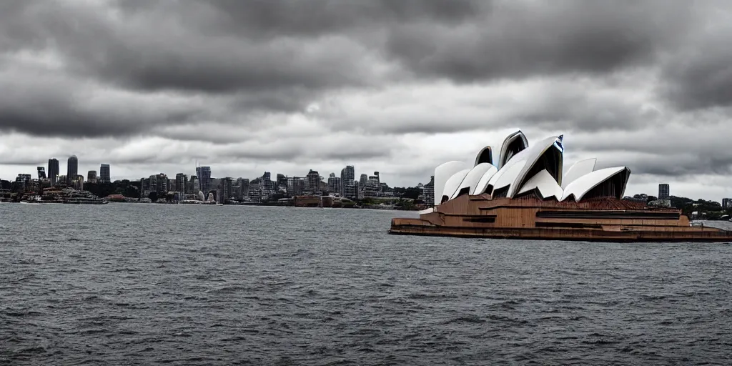 Prompt: landscape photo, stormy overcast rain, Sydney, Sydney Opera House