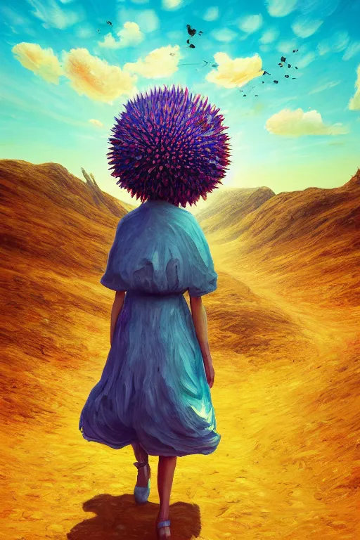 Image similar to giant corn flower head, girl walking in the desert, surreal photography, sunrise, dramatic light, impressionist painting, colorful clouds, digital painting, artstation, simon stalenhag