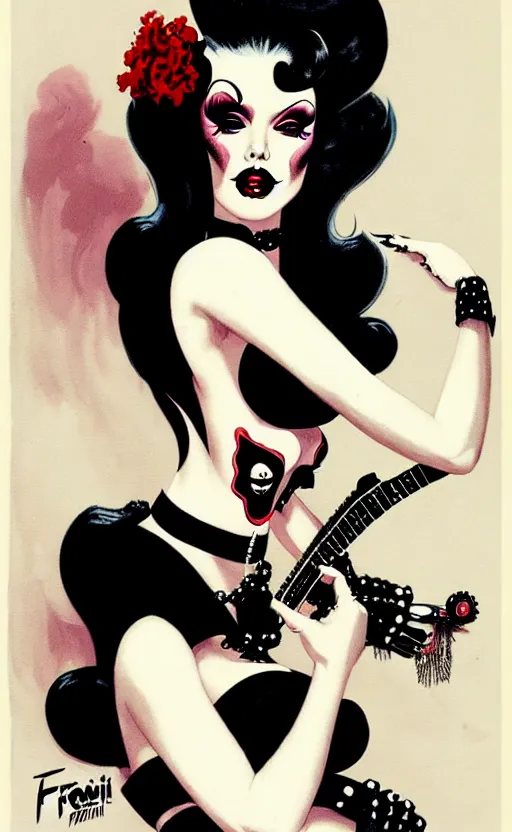 Image similar to burlesque psychobilly, rockabilly, punk, goth girl with a detailed face and black hair, white background, illustration by frank frazetta