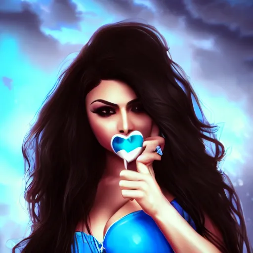 Image similar to portait of haifa wehbe, concept art, perfect lips, lollipop mouth, long hair centred, hd, very detailed curve, digital painting, unreal engine, amazing blue background theme