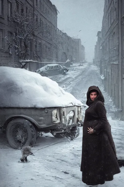 Image similar to full-length portrait of a pregnant woman on the street of besieged Leningrad, historically reliable photo chronicle, winter 1941, , ultra detailed, digital art, octane render, 4K, dystopian, micro details, by Greg Rutkowski and Raymond Swanland, Trending on Artstation