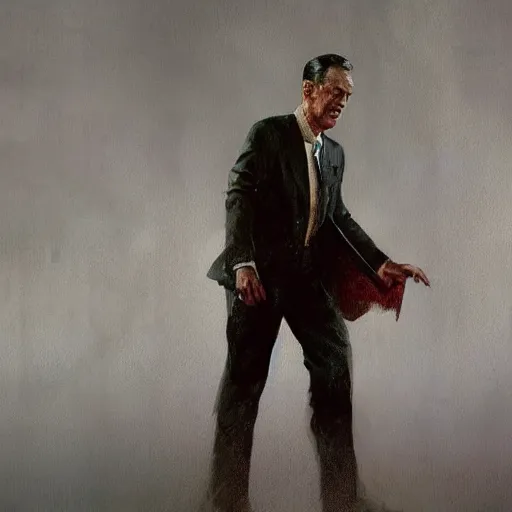 Image similar to a highly detailed epic cinematic concept art CG render digital painting artwork costume design: Frank Sinatra as a 1950s tired disillusioned poet, barefoot, thinking. volumetric lighting. By Greg Rutkowski, in the style of Francis Bacon and Syd Mead and Norman Rockwell and Beksinski, great attention to proper perfect anatomy, highly detailed, painted by Francis Bacon and Edward Hopper, painted by James Gilleard, surrealism, airbrush, Ilya Kuvshinov, WLOP, Stanley Artgerm, very coherent, triadic color scheme, realistic facial expression, art by Takato Yamamoto and James Jean