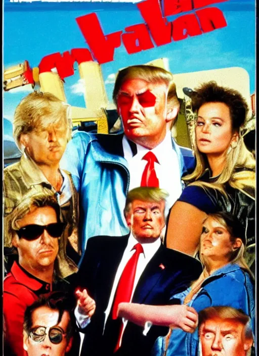 Prompt: an 8 0's john alvin action movie poster starring donald trump as a garbageman to rich people. garbage truck in background. sunglasses. overalls. the movie is called i took a big trump