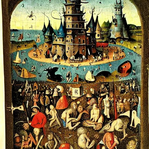 Prompt: book page of Where’s Waldo in the style of Hieronymus Bosch, Waldo is walking