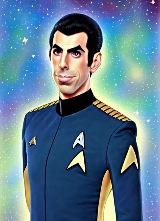 Prompt: cute star trek officer sacha baron cohen, natural lighting, path traced, highly detailed, high quality, digital painting, by don bluth and ross tran and studio ghibli and alphonse mucha, artgerm