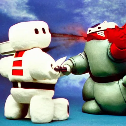 Prompt: color photograph of mechagodzilla fighting the giant Stay Puft Marshmallow Man