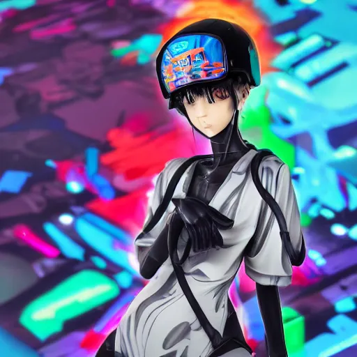 Prompt: : extremely beautiful photo of a black marble statue of an anime girl with colorful skateboard logos all over and helmet with closed visor, colorful hyperbolic background, fine art, neon genesis evangelion, offwhite, denoise, highly detailed, 8 k, hyperreal