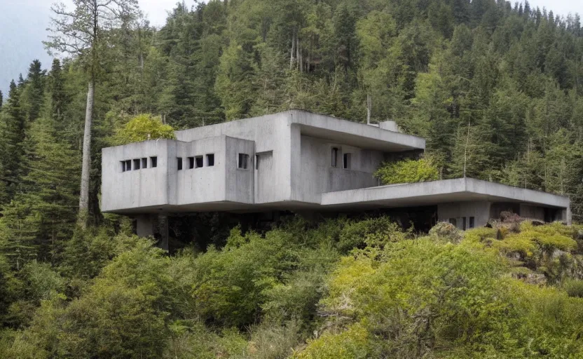 Prompt: cute brutalist house on a secluded mountain with trees around