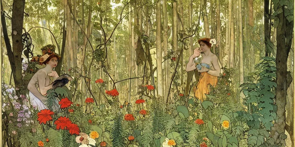 Image similar to a beautiful painting of wild animals in the woods with vines and ferns and flowers, painted by carl larsson and alphonse mucha