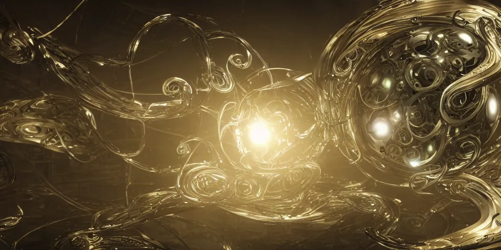 Image similar to swirling abstract cyborg parts and bio - mechanical tendrils and ornate flowing smoke streams and liquid light streaks surround a small metallic sphere, cinematic, unreal engine