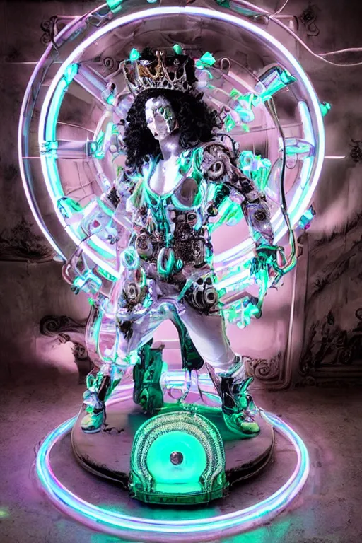 Prompt: full-body rococo and cyberpunk style neon statue of a muscular attractive Roberto macho dotado e rico android sim roupa reclining con las piernas abertas e la piroca dura liete, glowing white laser eyes, prince crown of mint gears, diamonds, swirling silver-colored silk fabric. futuristic elements. full-length view. space robots. human skulls. intricate artwork by caravaggio. Trending on artstation, octane render, cinematic lighting from the right, hyper realism, octane render, 8k, depth of field, 3D