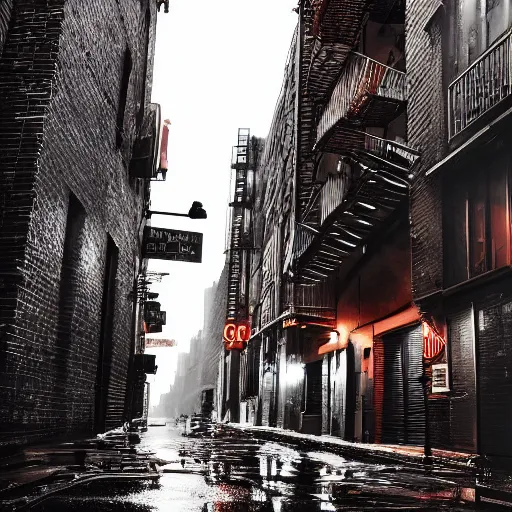 Prompt: Overview of the back alley of New York by night, under heavy rain. buildings, fire escape ladders. Hardboiled. Noir. Cinematic, hyper realistic, 3D, hyper detailed, ambient lighting, bright pastel color