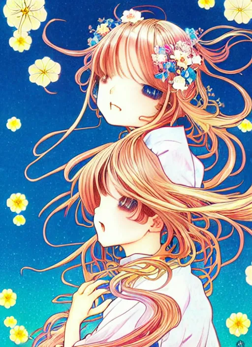 Image similar to exquisite imaginative manga poster art of a girl, long wavy hair, stars, flowers, japanese sailor uniform, shimmering, by kojima ayami, shigenori soejima, minaba hideo, alphonse mucha, jump comics, shogakukan, art nouveau, illustration, artstation, highly detailed, 8 k, colorful, iridescent, maximalist