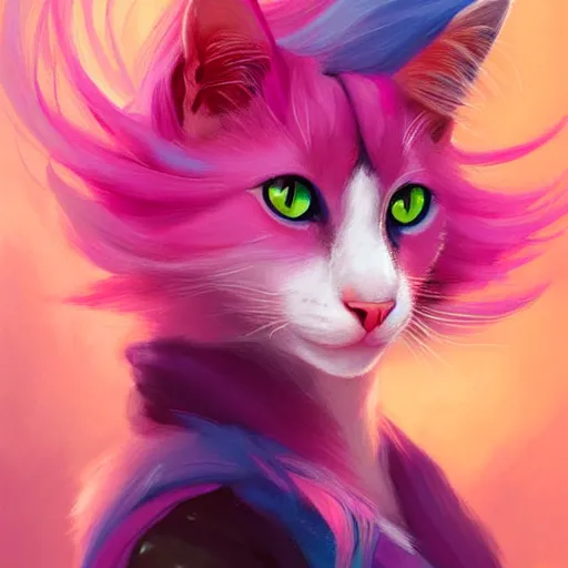 Image similar to colorful and festive cat with pink hair,. rich vivid colors, ambient lighting, dynamic lighting, 4 k, atmospheric lighting, painted, intricate, highly detailed by charlie bowater