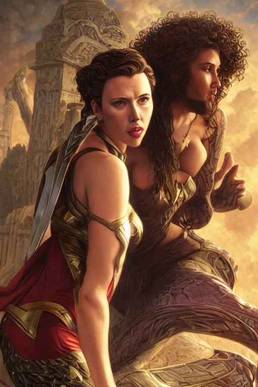 Prompt: A fantasy comic book style Oil Painting portrait of Scarlett Johansson and Gal Gadot, as Atlantean Reptilian Warriors, Mystical Valkyrie, unreal 5, DAZ, hyperrealistic, octane render, Regal, Refined, Detailed Digital Art, RPG portrait, William-Adolphe Bouguereau, Michael Cheval, Walt Disney (1937), François Boucher, Steampunk, Josephine wall, dynamic lighting, Highly Detailed, Cinematic Lighting, Unreal Engine, 8k, HD