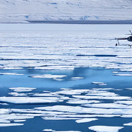 Prompt: a blue helicopter flying over ice floes