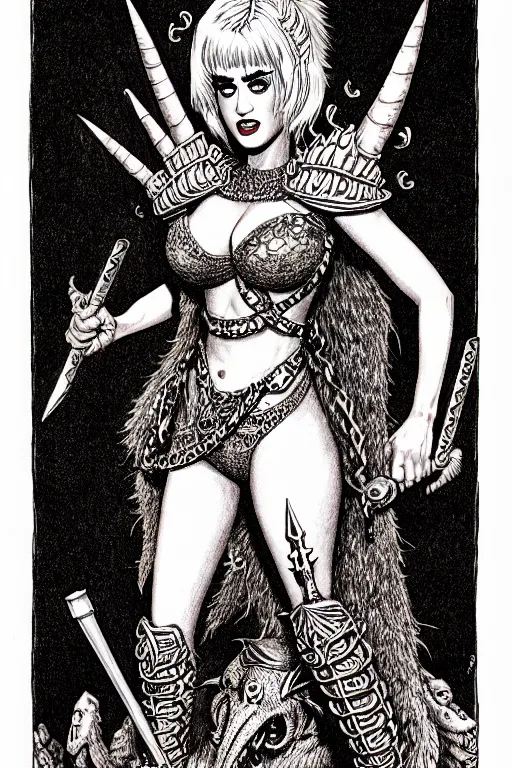 Image similar to katy perry as a d & d monster, full body, pen - and - ink illustration, etching, by russ nicholson, david a trampier, larry elmore, 1 9 8 1, hq scan, intricate details, inside stylized border