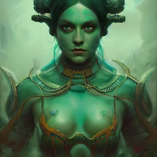 Prompt: tom bagshaw, soft painting curiosities carnival, a single very beautiful warrior in full underwater armor, symmetry accurate human features, focus, very intricate ultrafine details, green purple aqua volumetric lights, award winning masterpiece, octane render 8 k hd