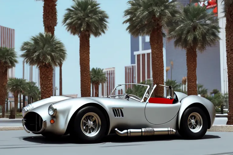 Prompt: a wholesome animation key shot of!! one!! focused!! ac cobra!!, highly reflective unpainted stainless steel, in a las vegas street, medium shot, sharp, very detailed, high resolution, rendered in unreal engine 5, anime key art by greg rutkowski, bloom, dramatic lighting