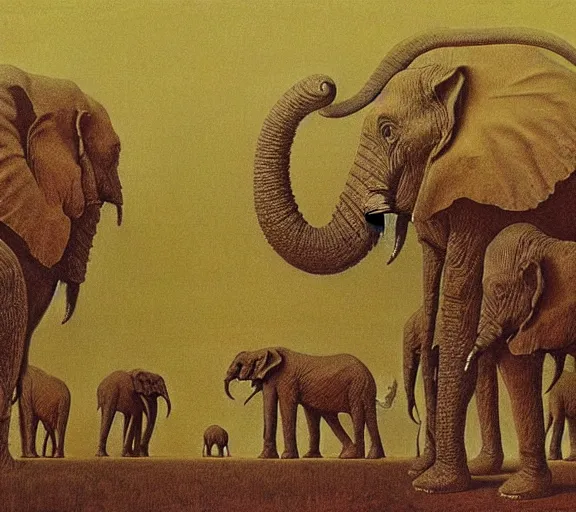 Prompt: infinite elephants as metaphor for containing multitudes by beksinski, horror oil on canvas