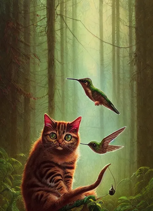 Image similar to a hyper realistic illustrated cat with playing with a hummingbird on its paw in the woods gorgeous lighting, lush forest foliage painting by chiara bautista and beksinski and norman rockwell and greg rutkowski weta studio, and lucasfilm