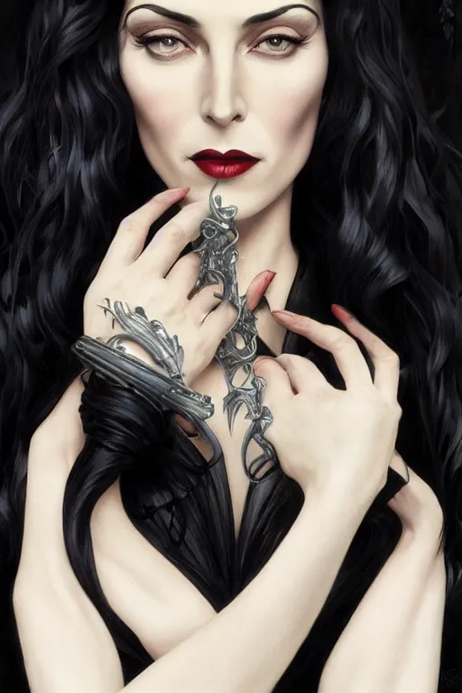 Image similar to claudia black as morticia addams, masterpiece, intricate, elegant, highly detailed, digital painting, artstation, concept art, smooth, sharp focus, illustration, art by artgerm and greg rutkowski and alphonse mucha and uang guangjian and gil elvgren and sachin teng, symmetry!!