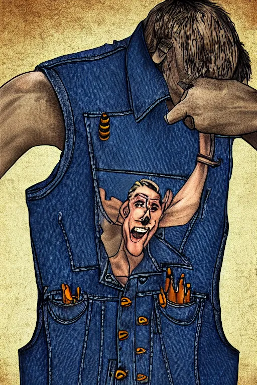 Image similar to a maniac in a denim vest named spike. exaggerated features. digital art. harsh lighting.