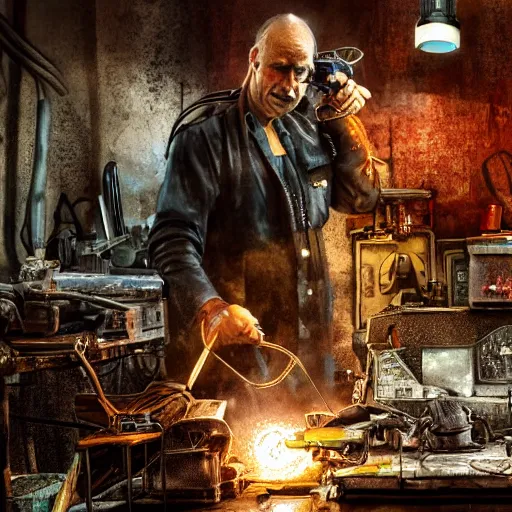 Image similar to half rusted old egg beater half stun - gun, balding older cyborg repairing, red hot soldering iron, dark messy smoke - filled cluttered workshop, dark, dramatic lighting, orange tint, cinematic, highly detailed, sci - fi, futuristic, movie still from blade runner