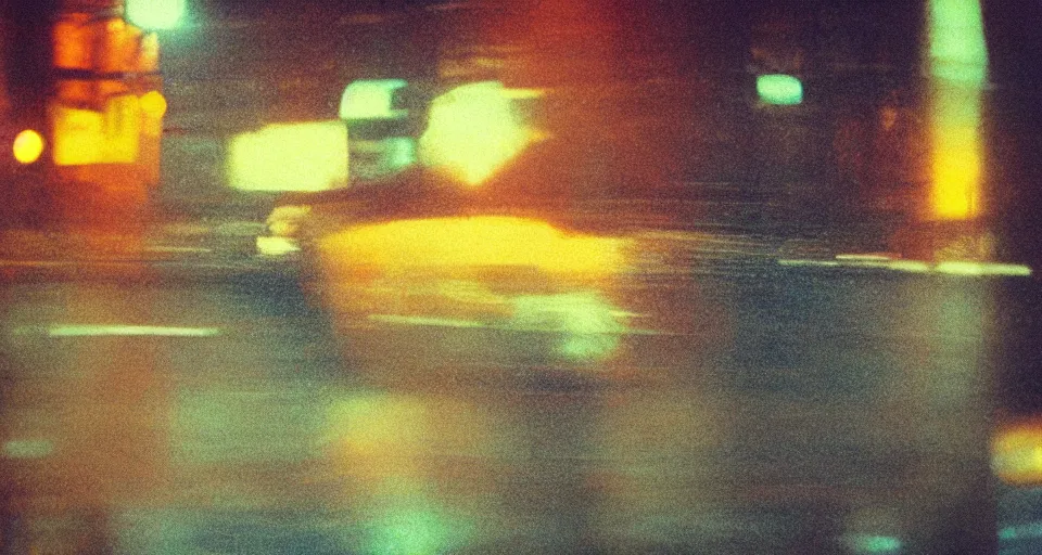 Prompt: man screaming in frustration in the front seat of his car that is parked in a city alleyway, night time, illuminated by street lights, technicolor, lomography cn 8 0 0, grainy abstract experimental expired film photo by saul leiter, cinematic colors, oversaturated filter, reflection, refraction, atmospheric detail