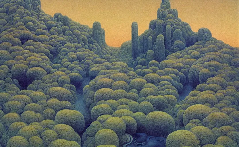 Prompt: Artwork of a surrealist and luscious landscape by zdzisław beksiński, studio ghibli,