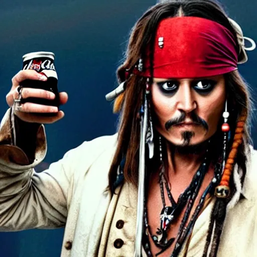 Prompt: johnny depp as a captain jack sparrow having a coca - cola