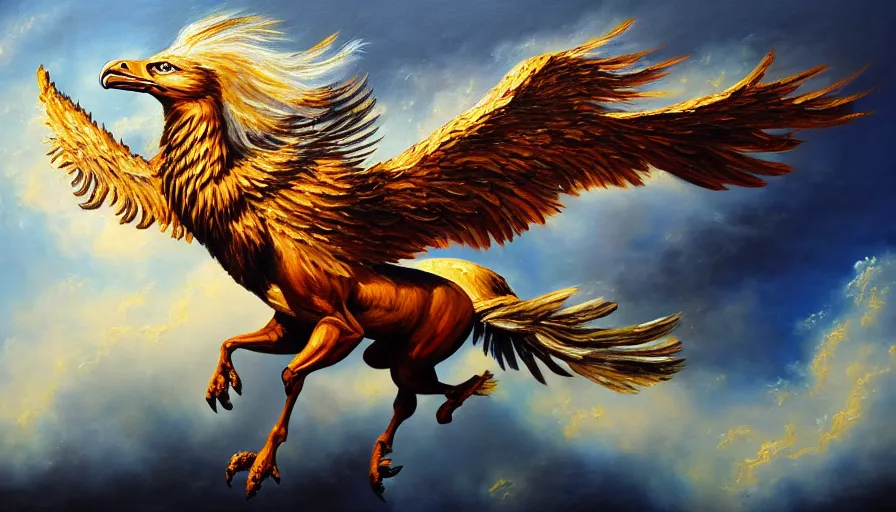 Image similar to highly detailed oil painting of a majestic griffin in flight, thick paint and visible brush strokes, 4 k resolution