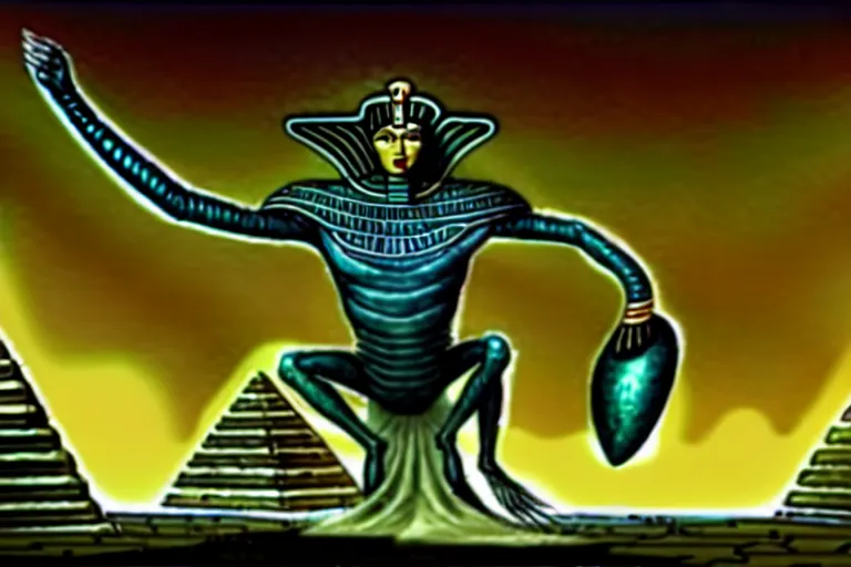 Image similar to godlike nematode. godking. weakening. surrounded by his followers. shadow realm. egyptian