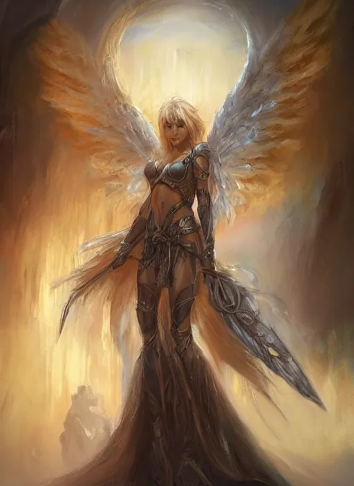 Image similar to concept art, angel knight girl. by artstation trending, by joseph mallord william turner, luis royo, konstantin razumov, cinematic lighting, highly detailed