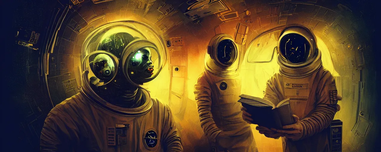 Prompt: dark scifi illustration 3 / 4 portrait of a astronaut reading necronomicon. cinematic lighting mad scientist style. golden ratio accidental renaissance. in the style of dave mckean and jean michel basquiat. graffiti art, scifi, fantasy, hyper detailed. octane render. concept art. trending on artstation